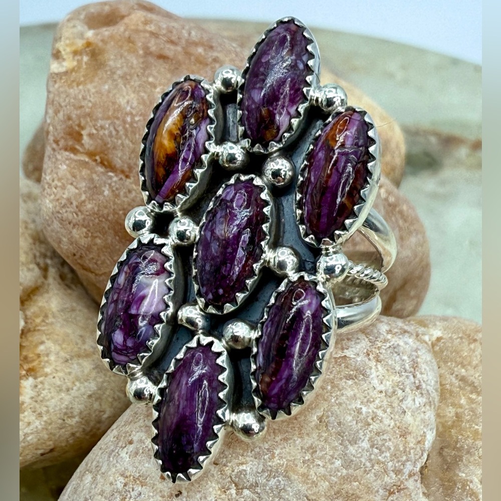Native American Sterling Silver Purple Spiny Oyster 7-Stone Ring Roberta Begay - Picture 8 of 17